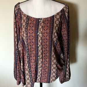 Daytrip peasant blouse size large bohemian print brown